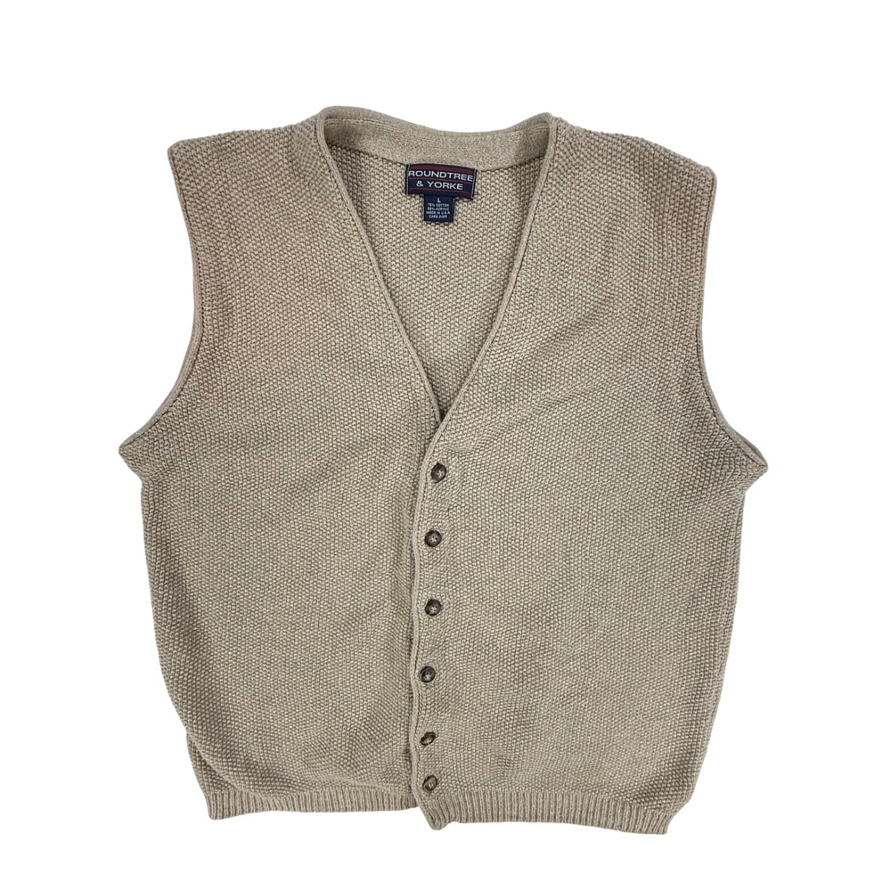 VTG Roundtree & Yorke Sweater Vest Mens Large Tan Beige Button Knit Grandpacore